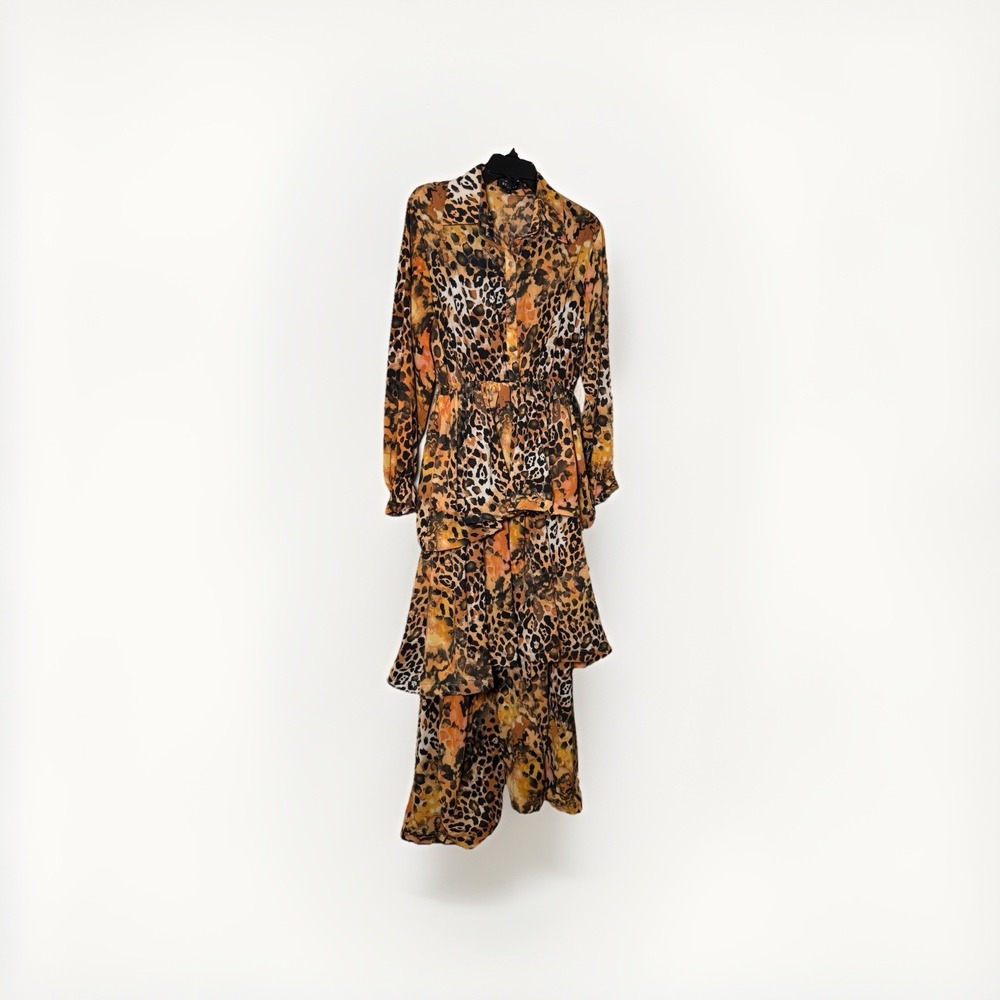 Beulah Style Animal Print Ruffle Tiered Long Sleeve Dress Size Med Vacay